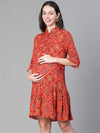 Queen Red Floral Print Collared Women Maternity Dress