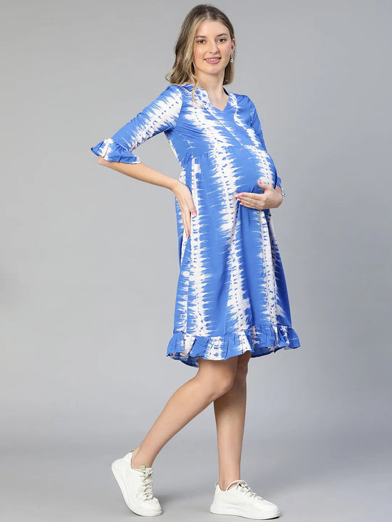 Oceanic Blue Tie -Dye Ruffled Women Maternity Dress