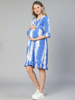 Oceanic Blue Tie -Dye Ruffled Women Maternity Dress