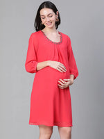 Elegant Red Embellished Elsaticated Women Maternity Dress