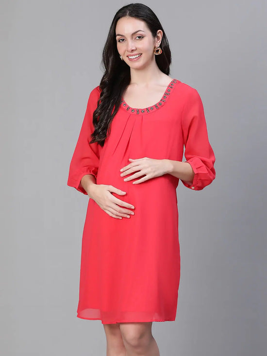 Elegant Red Embellished Elsaticated Women Maternity Dress