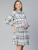 Shapely Grey Check Print Button -Down Women Maternity Cotton Dress