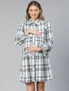 Shapely Grey Check Print Button -Down Women Maternity Cotton Dress