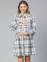 Shapely Grey Check Print Button -Down Women Maternity Cotton Dress