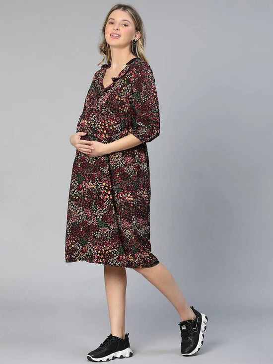 Multicolor Ruffled Elasticated Floral Printed Women Maternity Dress