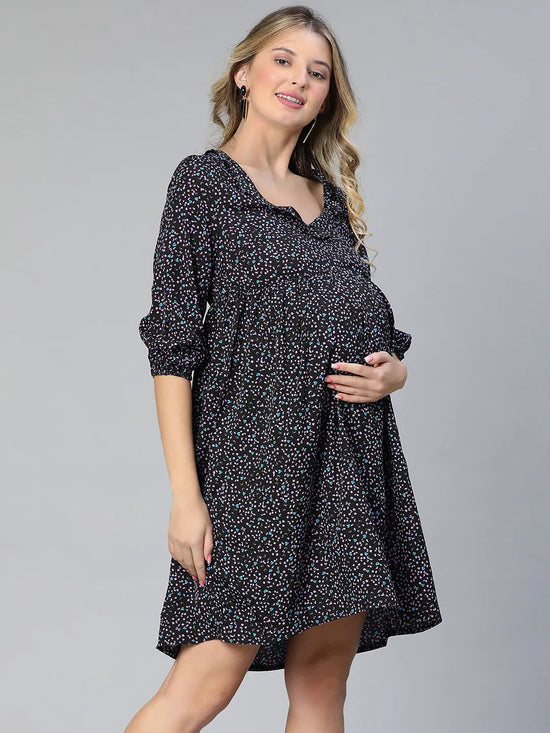 Trity Navy Blue Ruffled Elasticated Floral Print Women Maternity Dress