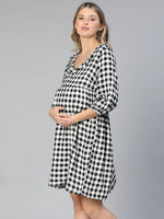 Touched Black Ruffled Elasticated Check Print Women Maternity Dress