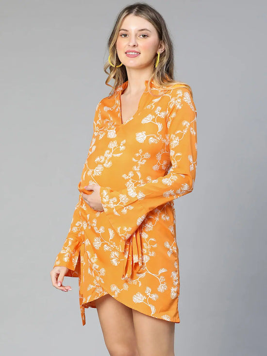 Hail Up Yellow Floral Print Wrapped Women Maternity Dress