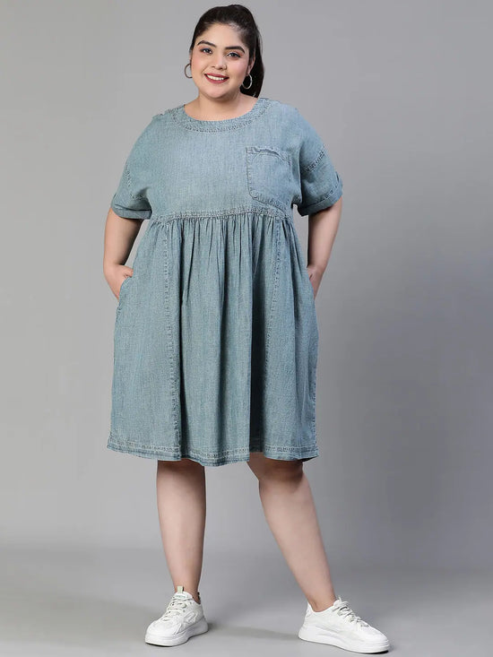 Femenine Blue Baggy Style Denim Plus Size Dress