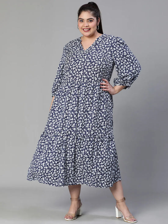 Queen Floral Print Maxi Syle Blue Plus Size Women Dress