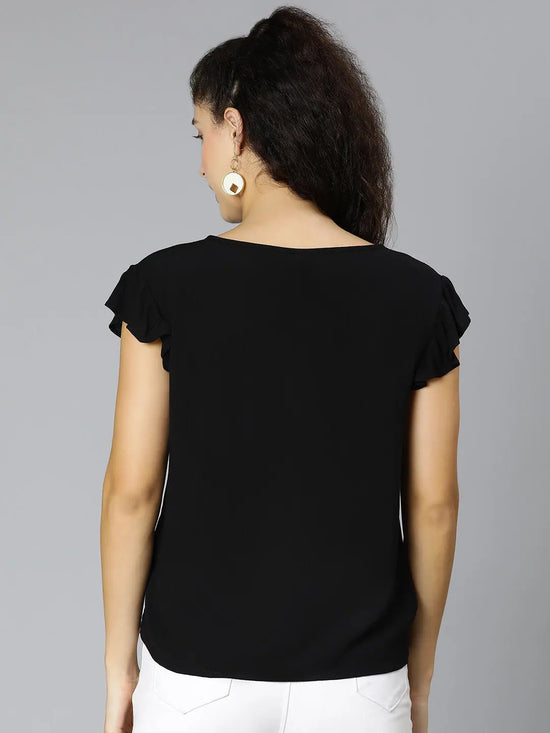 Solid Black Short Sleeve Ruffled Women Top