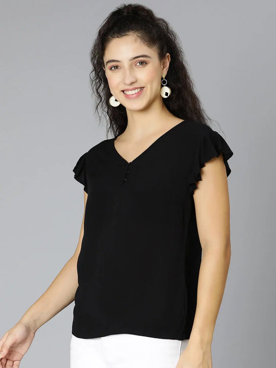 Solid Black Short Sleeve Ruffled Women Top