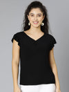 Solid Black Short Sleeve Ruffled Women Top