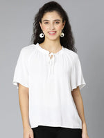 Winked White Round Neck Tie-Knotted Women Top