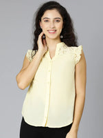 Casual Yellow Schiffli Ruffled Women Shirt Top