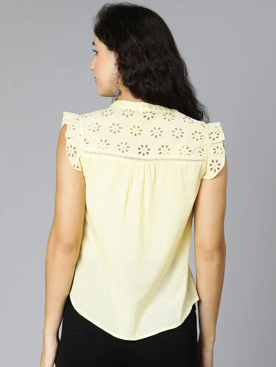 Casual Yellow Schiffli Ruffled Women Shirt Top