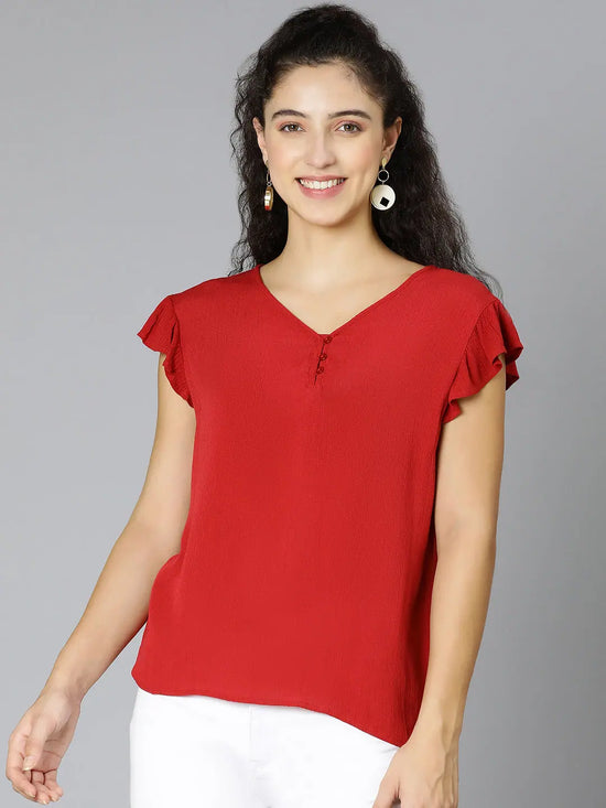 Upside Red Short Sleeve Ruffled Women Top