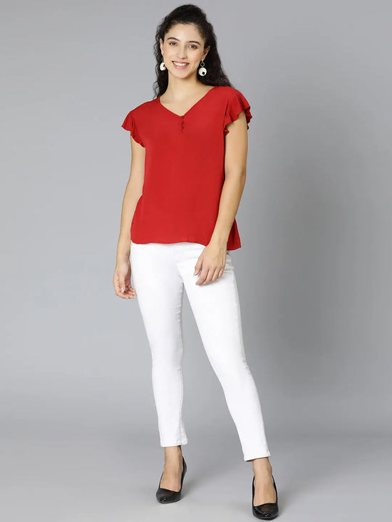 Upside Red Short Sleeve Ruffled Women Top