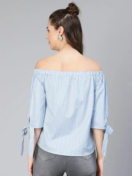 Midlling Blue Stripe Print Off -Shoulder Women Cotton Top