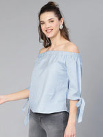 Midlling Blue Stripe Print Off -Shoulder Women Cotton Top