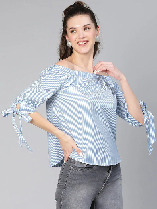 Midlling Blue Stripe Print Off -Shoulder Women Cotton Top