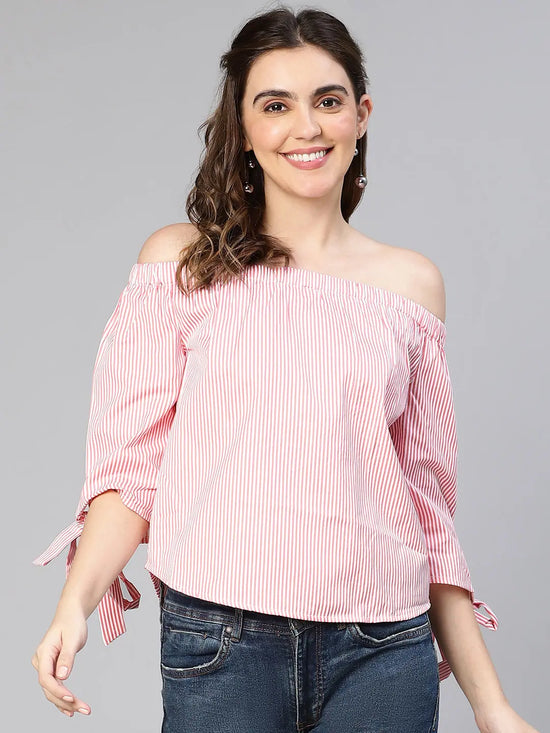 Flossy Pink Off - Shoulder & Knotted Women Cotton Top