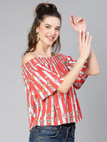 Top Up Red Stripe & Floral Print Off -Shoulder Women Top