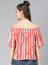 Top Up Red Stripe & Floral Print Off -Shoulder Women Top