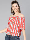 Top Up Red Stripe & Floral Print Off -Shoulder Women Top