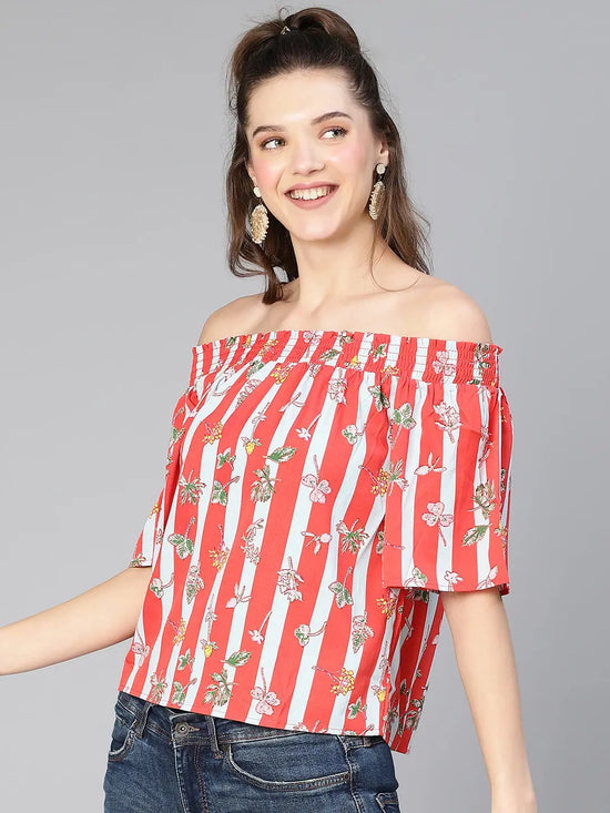 Top Up Red Stripe & Floral Print Off -Shoulder Women Top