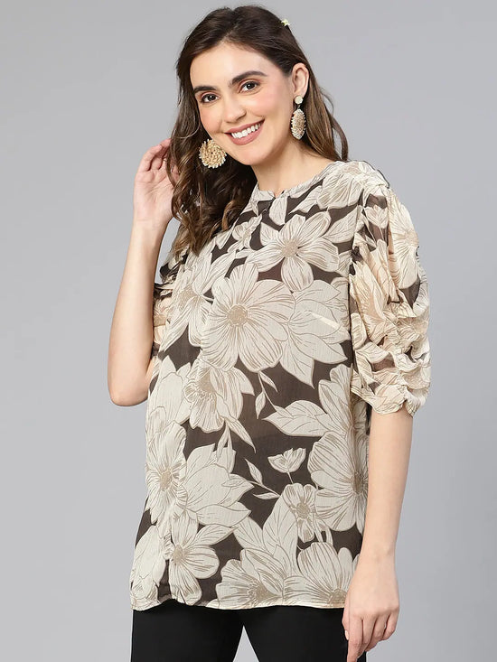 Floral Print Beige Color Round Neck Women Casual Top