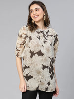 Floral Print Beige Color Round Neck Women Casual Top