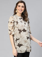 Floral Print Beige Color Round Neck Women Casual Top