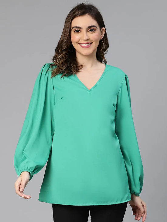 Reviting Soild Green V-Neck Women Top