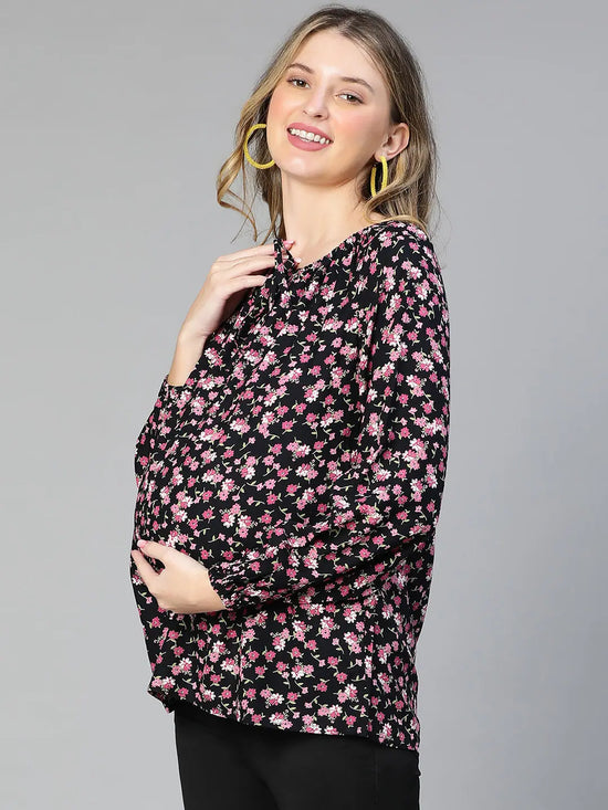 Winsome Black Floral Print Tie-Knotted Women Maternity Top