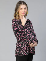 Winsome Black Floral Print Tie-Knotted Women Maternity Top