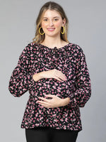 Winsome Black Floral Print Tie-Knotted Women Maternity Top