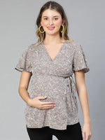 Perked Grey Floral Print Tie - Knotted Women Maternity Top