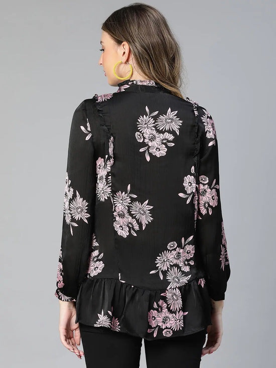 Densy Black Floral Print Tie-Knotted Ruffled Women Maternity Top