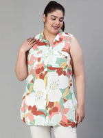 Creative Floral Print Sleevelss Button -Down Long Plus Size Multicolor Top