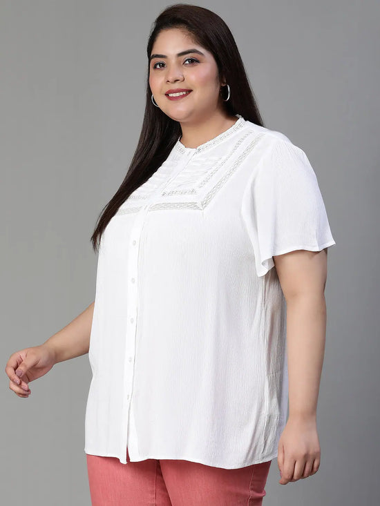 Flourish White Button-Down Laced Plus Size Top