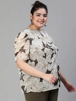 Newsome Floral Print Ruffled Beige Color Plus Size Women Top