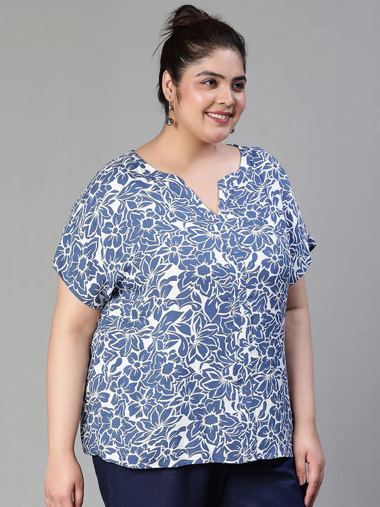 Bloom Floral Print Blue Women Plus Size Blue Casual Top