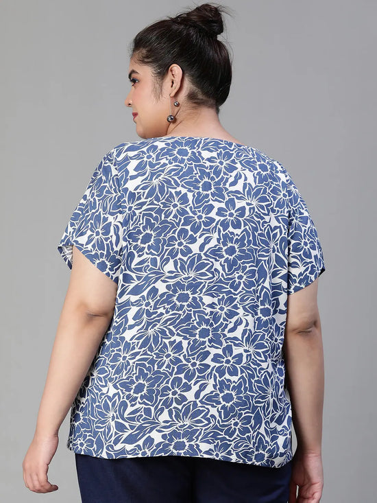 Bloom Floral Print Blue Women Plus Size Blue Casual Top