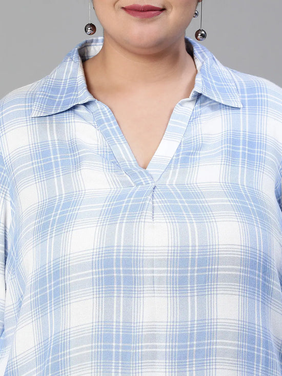 Pannel Blueb Check Print Collared Plus Size Women Shirt