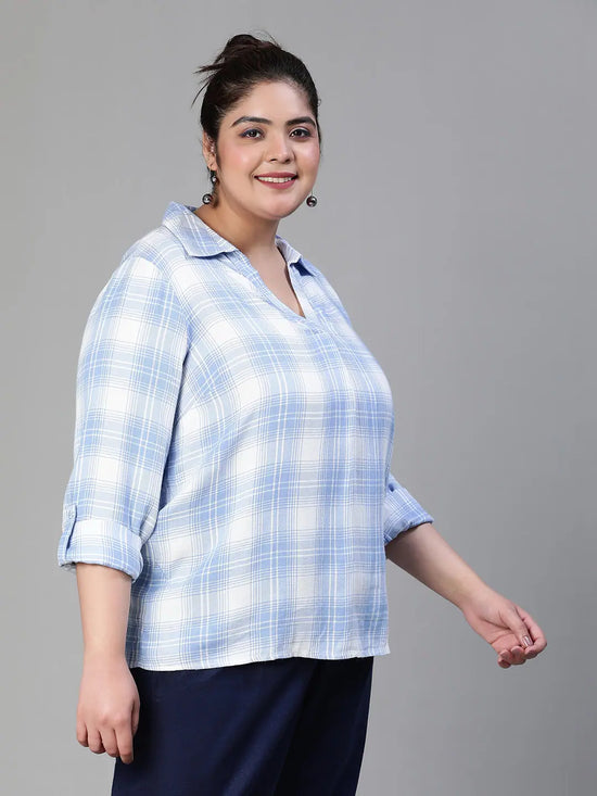 Pannel Blueb Check Print Collared Plus Size Women Shirt