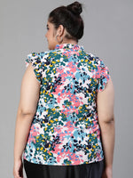 Freaky Floral Print Ruffled Multicolor Plus Size Women Top