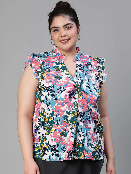 Freaky Floral Print Ruffled Multicolor Plus Size Women Top