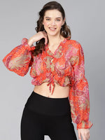 Smashing Orange Tropical Print Tie-Knotted Women Crop Top