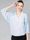 Top Shelf Blue Floral Print Women Cotton Top